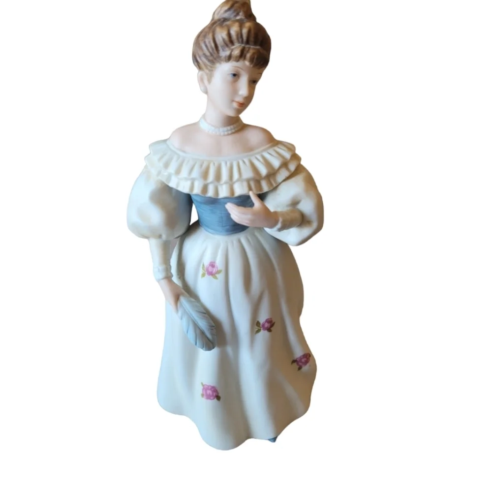 Homco Vintage Porcelain Victorian Antebellum Figurine Blue and White w/Feather